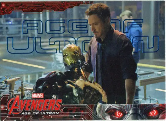 Man in dark jacket examining robotic head on Marvel Avengers Age of Ultron Blue Foil trading card