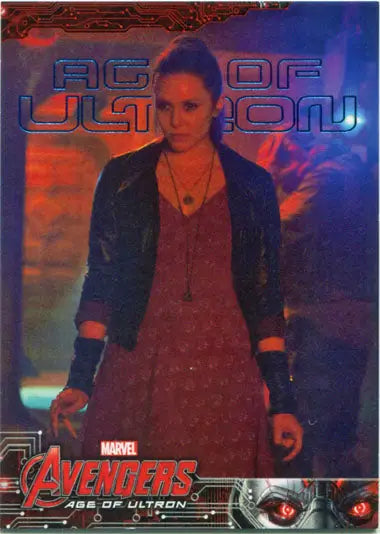 Woman in blue jacket and red top with Marvel Avengers Age of Ultron Blue Foil Trading Card