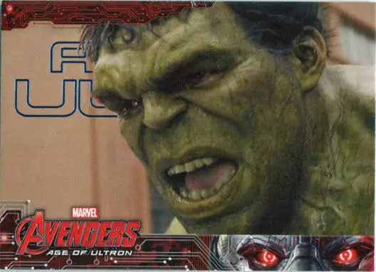 Green muscular creature with angry expression on Marvel Avengers Blue Foil trading card