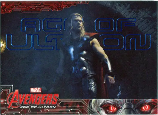 Superhero in armor with hammer on Marvel Avengers Age of Ultron Blue Foil trading card