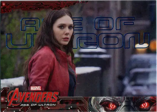 Woman with long dark hair in a red jacket looking concerned at Marvel Blue Foil trading card