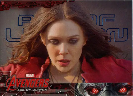 Woman in red jacket showcases Marvel Avengers Age of Ultron Blue Foil trading card