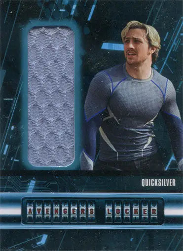 Trading card of Quicksilver in blue outfit with costume fabric swatch for Marvel Avengers