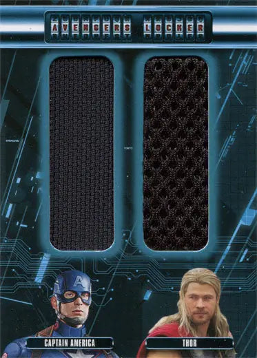 Trading card featuring Captain America and Thor with fabric swatches in display