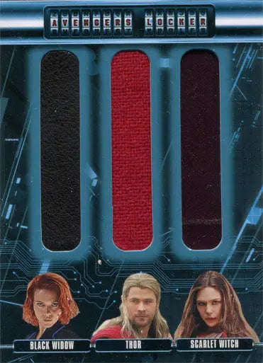 Trading card of Marvel Avengers Age of Ultron featuring three characters and fabric swatches