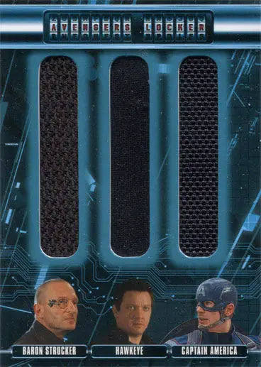 Trading card featuring Marvel characters with metallic blue border and mesh design elements