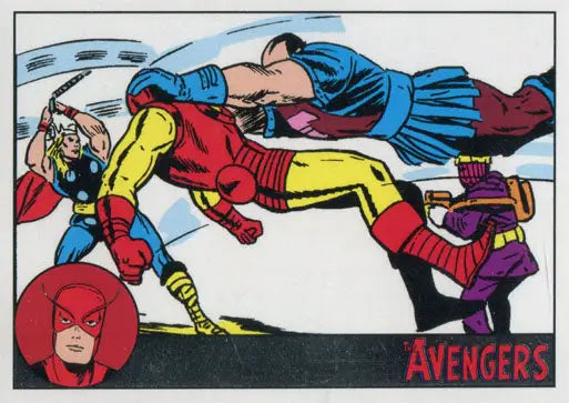 Comic book illustration of superheroes in action for Marvel Avengers Silver Parallel trading card