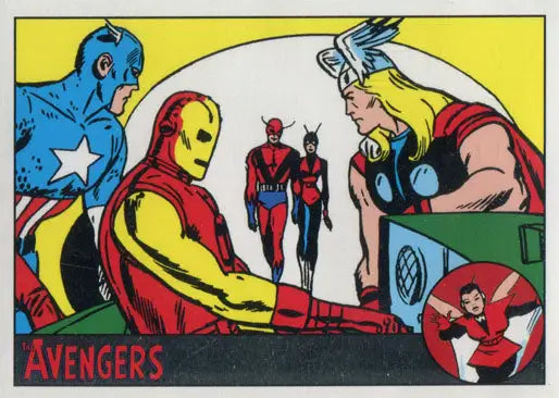 Comic book panel of Marvel superheroes in Avengers Silver Parallel trading card