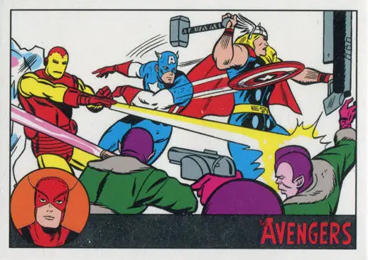 Comic book-style illustration of Marvel’s Avengers on a Silver Parallel trading card