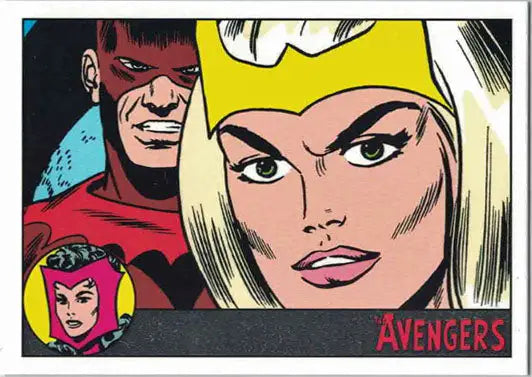 Comic book-style superhero portraits on Marvel Avengers Silver Parallel trading card