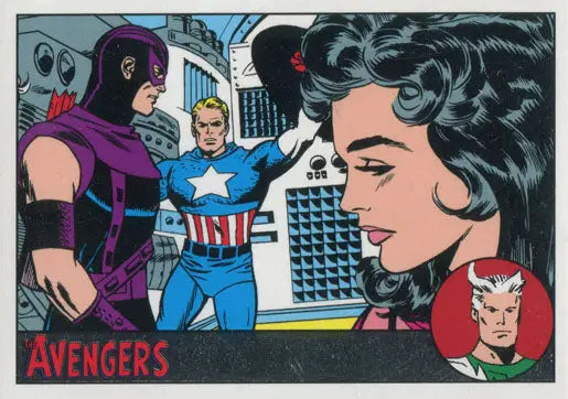 Comic book panel of Marvel’s Avengers on a Silver Parallel trading card 046/100