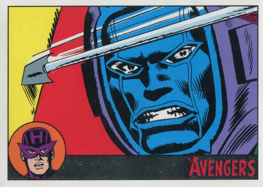 Blue-faced character with metallic helmet in Marvel Avengers Silver Parallel trading card