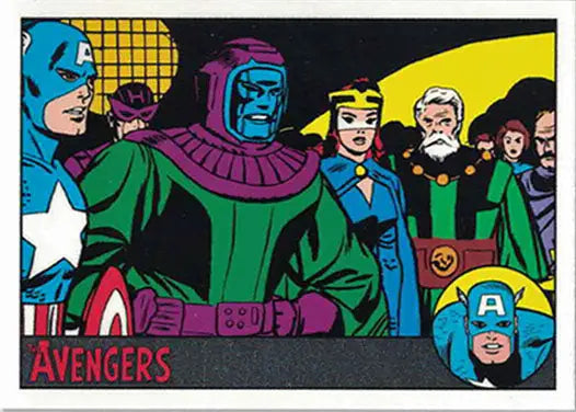 Comic book panel of colorful Avengers superheroes on a Marvel trading card Silver Parallel