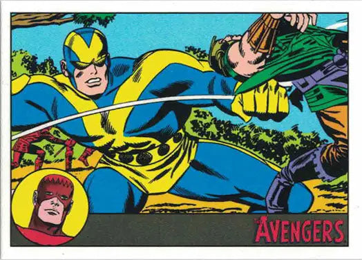 Comic book panel of superhero in blue and yellow costume for Gold Parallel Trading Card