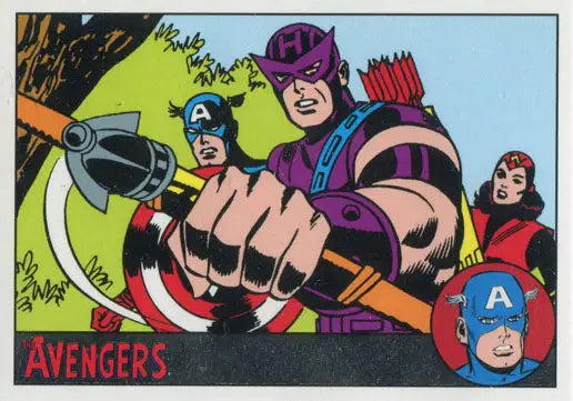 Comic book panel with Avengers heroes featured on Marvel Silver Parallel trading card 045/100