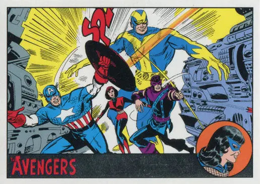 Comic book panel of superheroes in action on a Silver Parallel Trading Card from Marvel