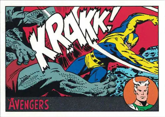 Comic book panel of superhero action with bold sound effects on Silver Parallel trading card