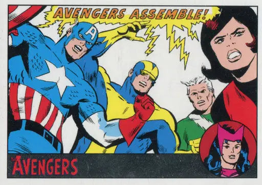 Comic book panel with colorful superheroes and Avengers Assemble text on Silver Parallel trading card