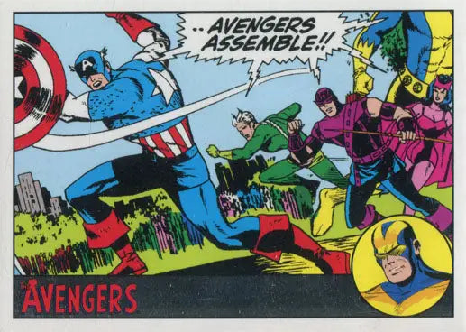 Comic book panel of Avengers in action on Marvel Silver Parallel trading card 085/100