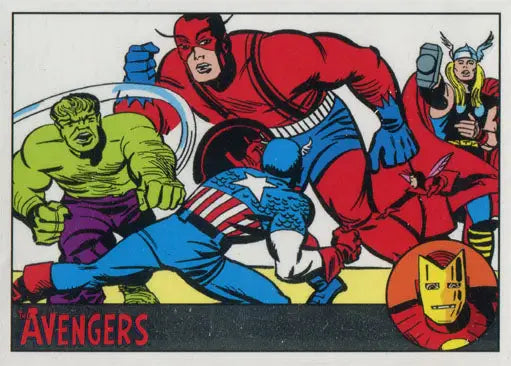 Comic book illustration of Marvel Avengers superheroes on a Silver Parallel trading card