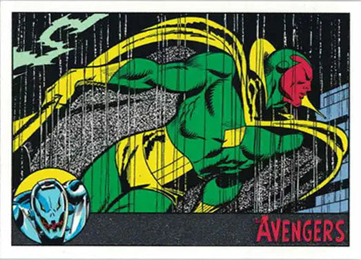 Stylized green superhero with yellow cape on Marvel Avengers Silver Parallel trading card