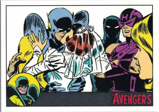 Comic book-style illustration of Avengers characters on a Silver Parallel trading card