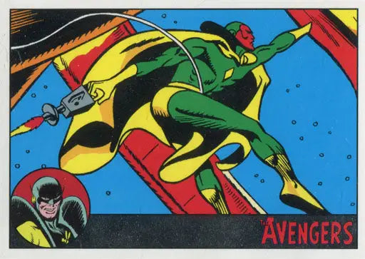 Costumed superhero figure in green and yellow on Marvel Avengers Silver Parallel trading card