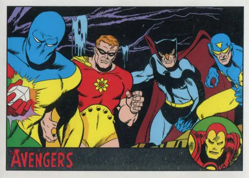 Vintage Marvel Avengers Silver Age trading card showcasing colorful superheroes in silver parallel