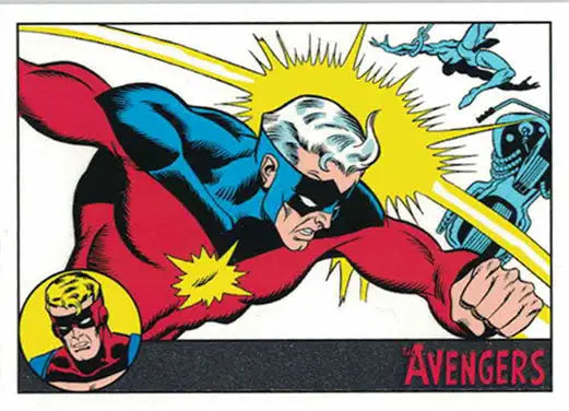 Superhero in red and blue costume flying with yellow glow in Marvel Avengers Silver Parallel trading card