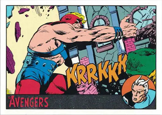 Muscular superhero in red mask smashing through wall on Marvel Avengers Silver Parallel trading card