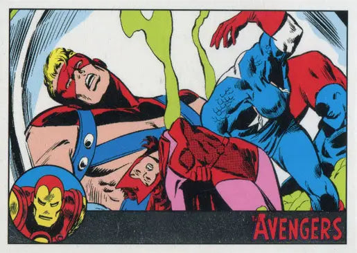 Comic book-style illustration of colorful superheroes on a Marvel Avengers Silver Parallel trading card