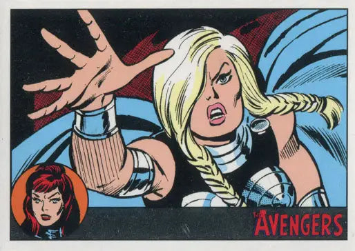 Comic book illustration of a blonde superhero in Marvel Avengers Silver Parallel trading card