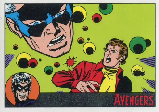 Comic book panel with superheroes on bright green, Marvel Avengers Silver Parallel trading card