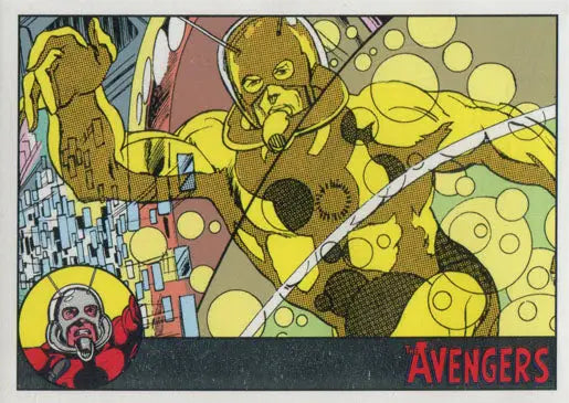 Stylized comic book illustration of yellow-tinted superheroes on Marvel Silver Parallel card