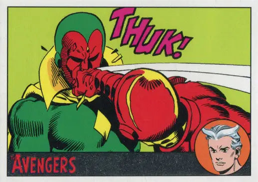 Red-faced superhero character in green and yellow costume from Silver Parallel trading cards