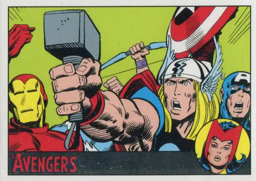 Comic book-style illustration of superheroes on Marvel Avengers Silver Parallel trading card