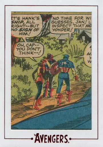 Comic book panel of three superheroes in conversation on a riverbank for Cut Archive trading card