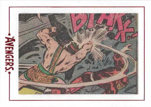 Comic book panel of a superhero punching showcased in Marvel Avengers Cut Archive trading card