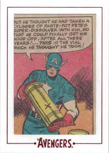 Comic book panel of Captain America with a yellow cylinder from a Cut Archive trading card