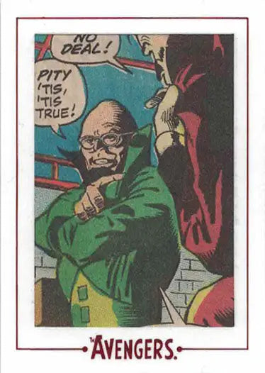 Comic book panel of a bald man in green jacket for Marvel Avengers Cut Archive trading card