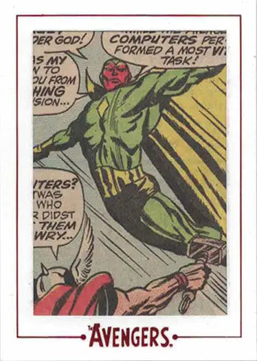 Comic book panel of green superhero flying in Marvel Avengers Cut Archive trading card