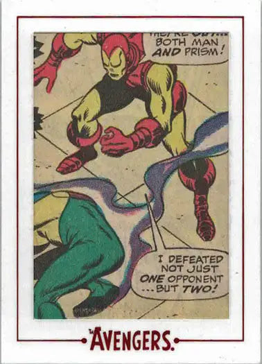 Comic book panel of superhero in red and yellow costume for Cut Archive trading card