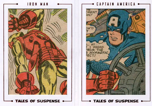 Iron Man and Captain America Comic book panels on Marvel Avengers Cut Archive Card