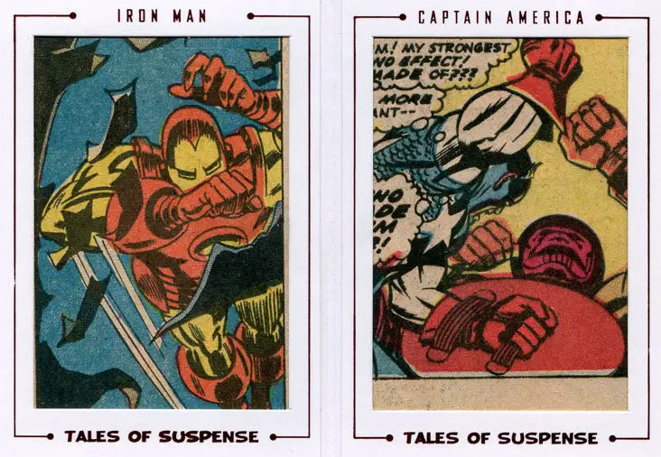 Iron Man and Captain America in action on a Marvel Avengers cut archive card