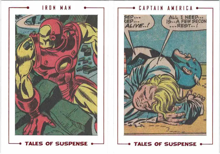 Comic book panels of Iron Man and Captain America on Marvel Avengers Cut Archive Card