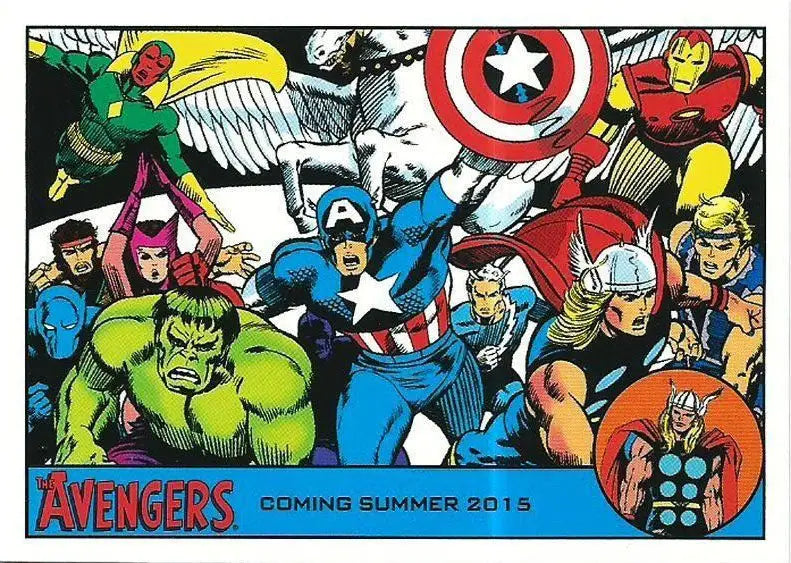 Comic book-style illustration of Avengers on Marvel promo card for trading cards