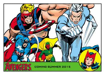 Comic book-style illustration of superhero characters on Marvel Avengers promo card