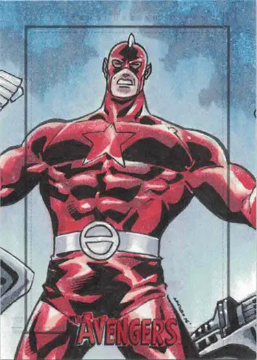 Muscular Red Guardian superhero striking a pose on Arley Tucker sketch card