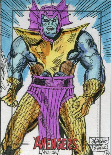 Muscular comic book villain in purple and yellow costume on Ray Racho sketch card