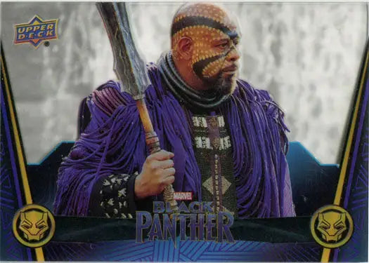 Masked figure in purple robes holding a staff from the Marvel Black Panther trading cards